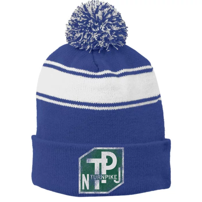 Distressed New Jersey Turnpike State Road Sign Stripe Pom Pom Beanie