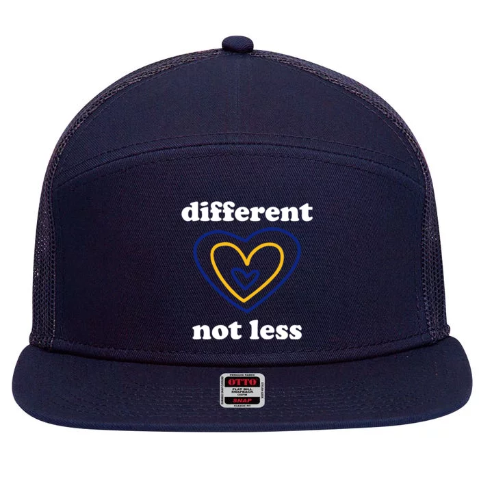 Different Not Less Down Syndrome Awareness Heart 7 Panel Mesh Trucker Snapback Hat