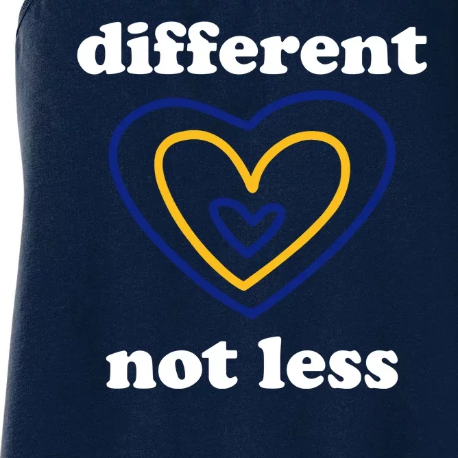 Different Not Less Down Syndrome Awareness Heart Women's Racerback Tank