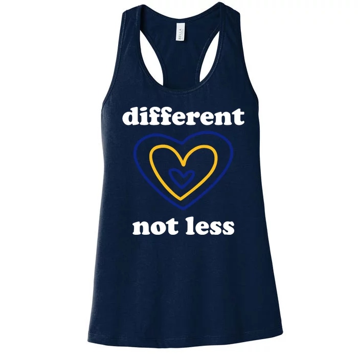 Different Not Less Down Syndrome Awareness Heart Women's Racerback Tank