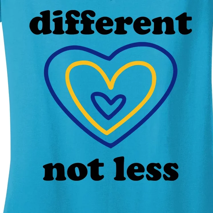 Different Not Less Down Syndrome Awareness Heart Women's V-Neck T-Shirt