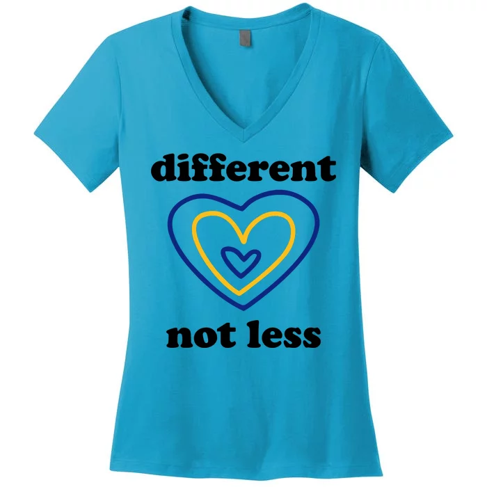 Different Not Less Down Syndrome Awareness Heart Women's V-Neck T-Shirt