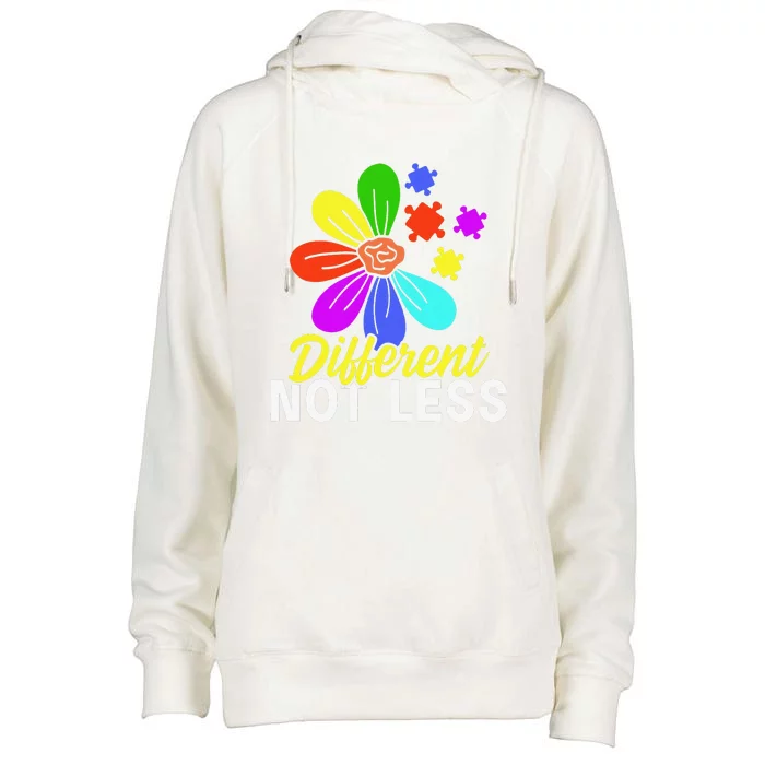 Different Not Less Puzzle Flower Autism Awareness Womens Funnel Neck Pullover Hood