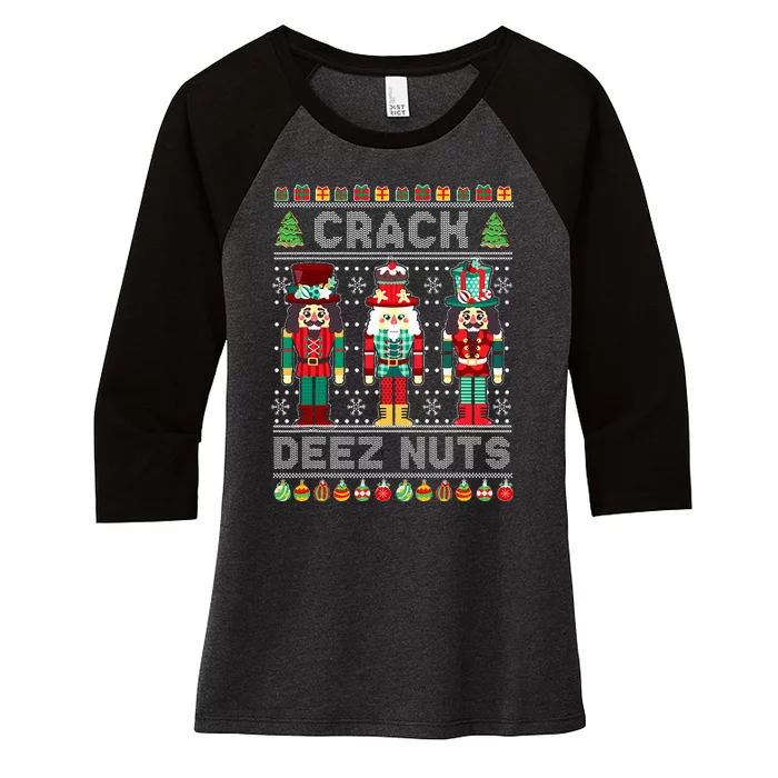 Deez Nuts Nutcracker Funny Ugly Christmas Sweater Xmas Women's Tri-Blend 3/4-Sleeve Raglan Shirt