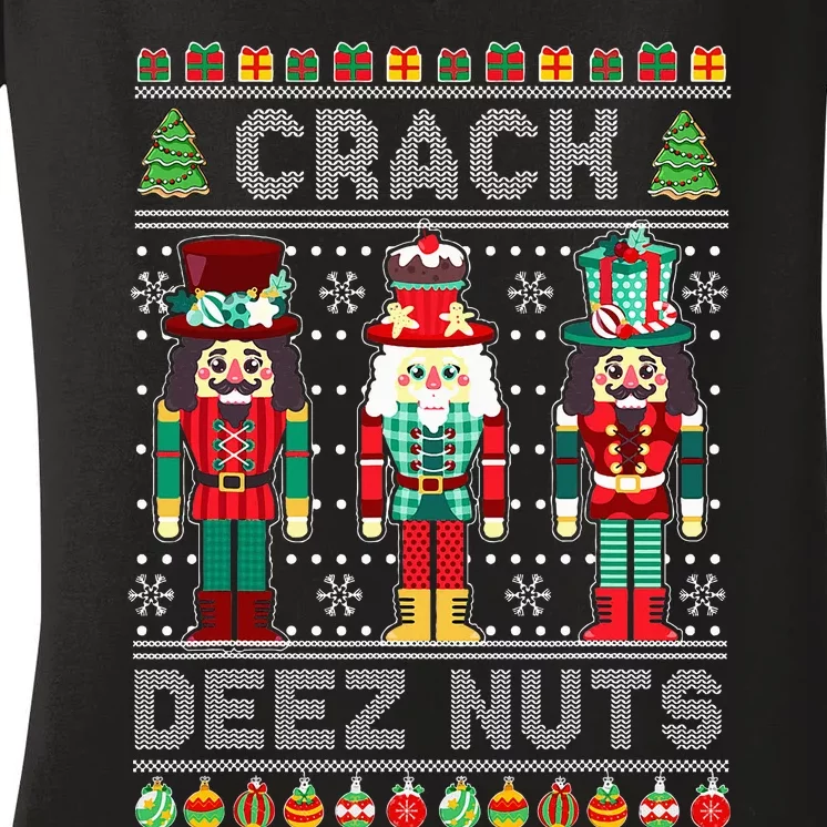 Deez Nuts Nutcracker Funny Ugly Christmas Sweater Xmas Women's V-Neck T-Shirt