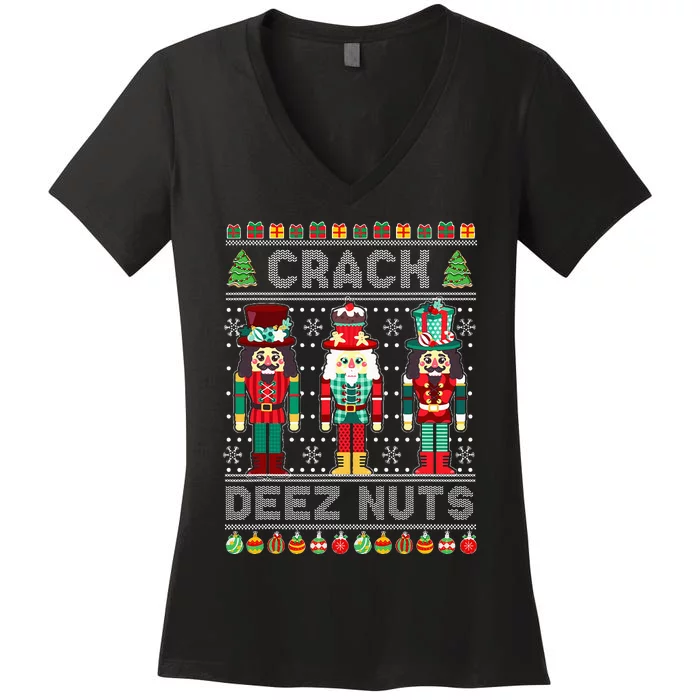 Deez Nuts Nutcracker Funny Ugly Christmas Sweater Xmas Women's V-Neck T-Shirt