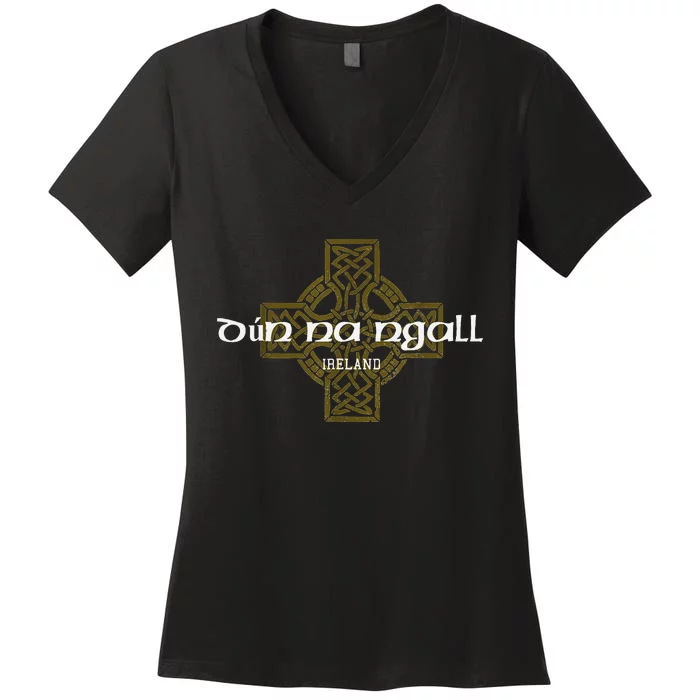 Dun Na Ngall Donegal Ireland Vintage Celtic Cross Women's V-Neck T-Shirt