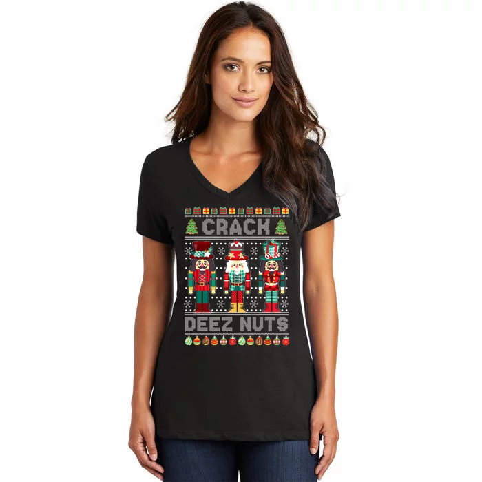 Deez Nuts Nutcracker Funny Ugly Christmas Sweater Xmas Women's V-Neck T-Shirt