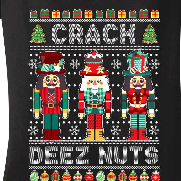 Deez Nuts Nutcracker Funny Ugly Christmas Sweater Xmas Women's V-Neck T-Shirt