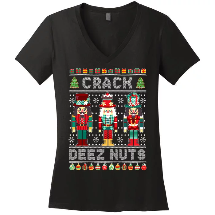 Deez Nuts Nutcracker Funny Ugly Christmas Sweater Xmas Women's V-Neck T-Shirt