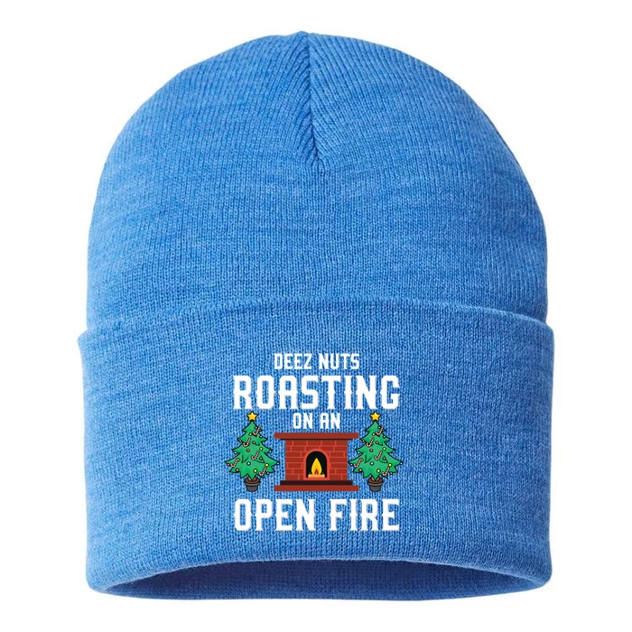 Deez Nuts Roasting Open Fire Funny Christmas Song Pun Gift Sustainable Knit Beanie