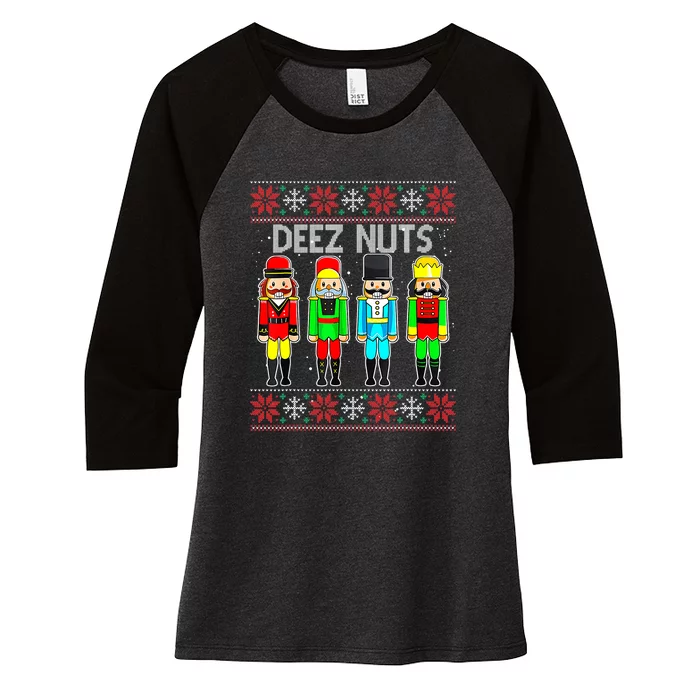 Deez Nuts Ugly Christmas Sweater Funny Nutcracker Xmas Gifts Women's Tri-Blend 3/4-Sleeve Raglan Shirt