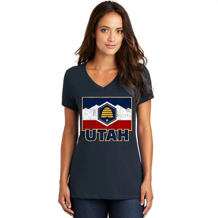 Distressed New Utah Flag Women's V-Neck T-Shirt