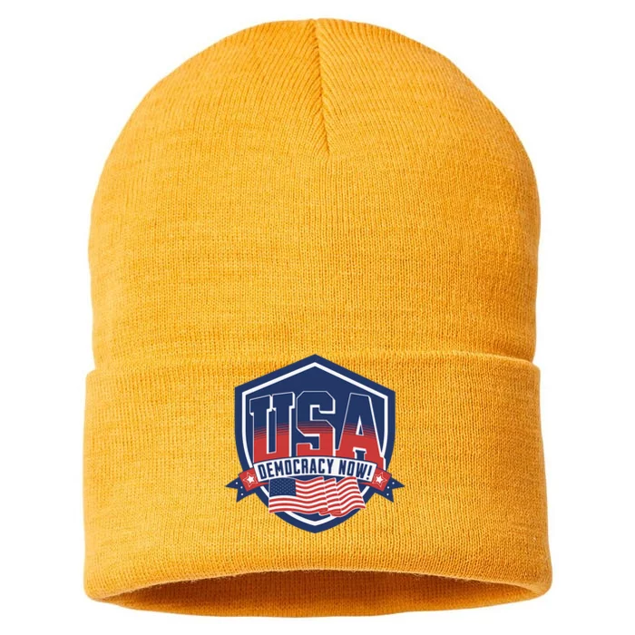 Democracy Now Vote Kamala Harris 2024 Democrat Usa Flag Sustainable Knit Beanie