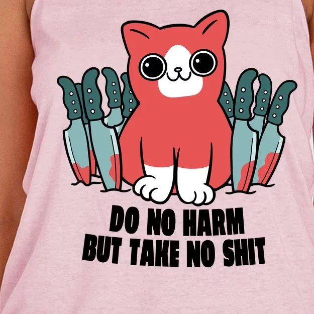 Do Know Harm Take No Sh*t Funny Cat Knifes Women's Knotted Racerback Tank