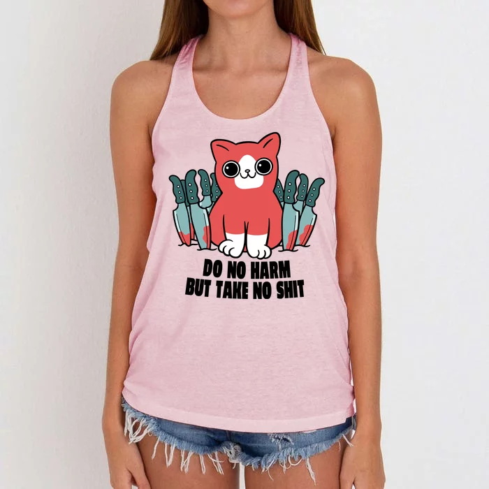 Do Know Harm Take No Sh*t Funny Cat Knifes Women's Knotted Racerback Tank