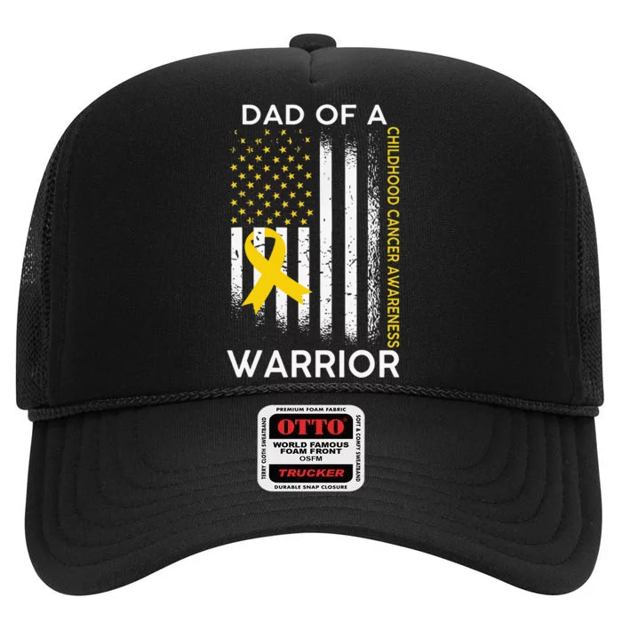 Dad Of A Warrior Childhood Cancer Awareness flag Ribbon High Crown Mesh Trucker Hat