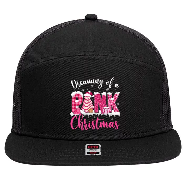 Dreaming Of A Pink Christmas Tree Cakes Xmas Holiday Pajamas 7 Panel Mesh Trucker Snapback Hat