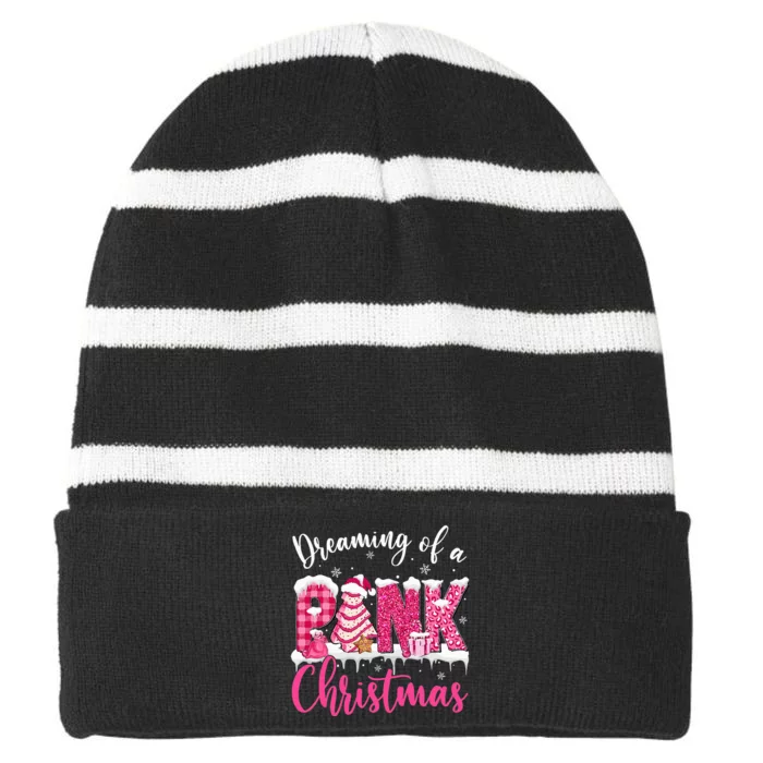 Dreaming Of A Pink Christmas Tree Cakes Xmas Holiday Pajamas Striped Beanie with Solid Band