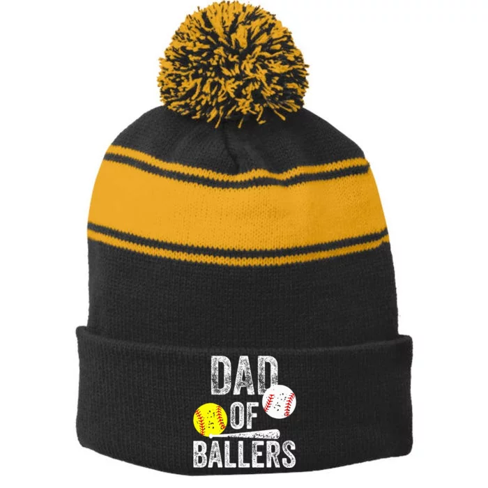 Dad Of Ballers Funny Dad Of Baseball And Softball Player Stripe Pom Pom Beanie