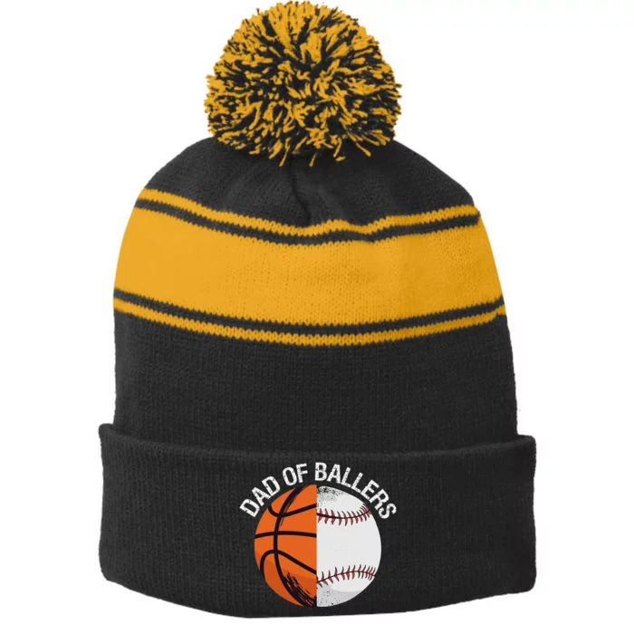 Dad Of Ballers Basketball Baseball Stripe Pom Pom Beanie