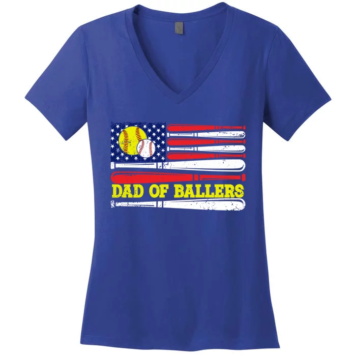 Dad Of Ballers American Flag Funny Baseball Dad Softball Gift Women's V-Neck T-Shirt