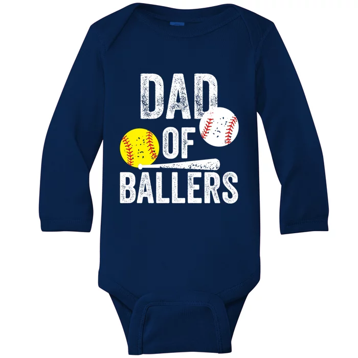 Dad Of Ballers Funny Dad Of Baseball And Softball Player Gift Baby Long Sleeve Bodysuit