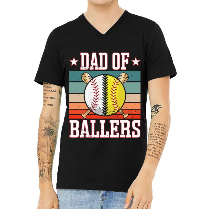 Dad Of Ballers Funny Baseball Funny Dad Softball Vintage. V-Neck T-Shirt