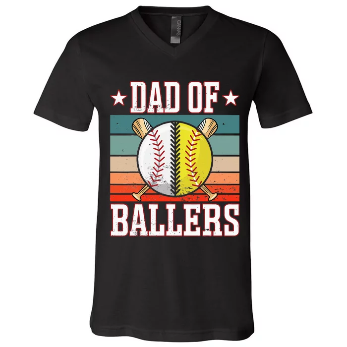 Dad Of Ballers Funny Baseball Funny Dad Softball Vintage. V-Neck T-Shirt