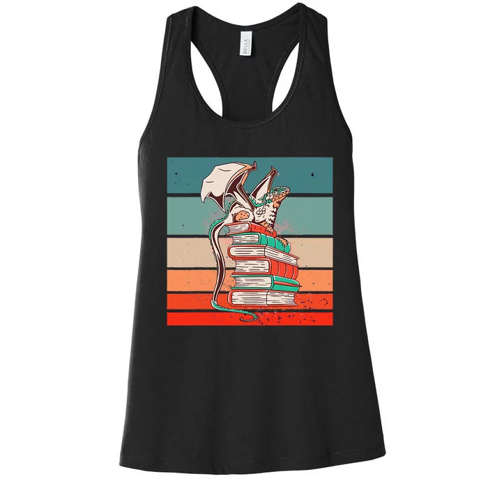 Dragon On Books Bookworm Dragon Book Mythical Creature Women's Racerback Tank