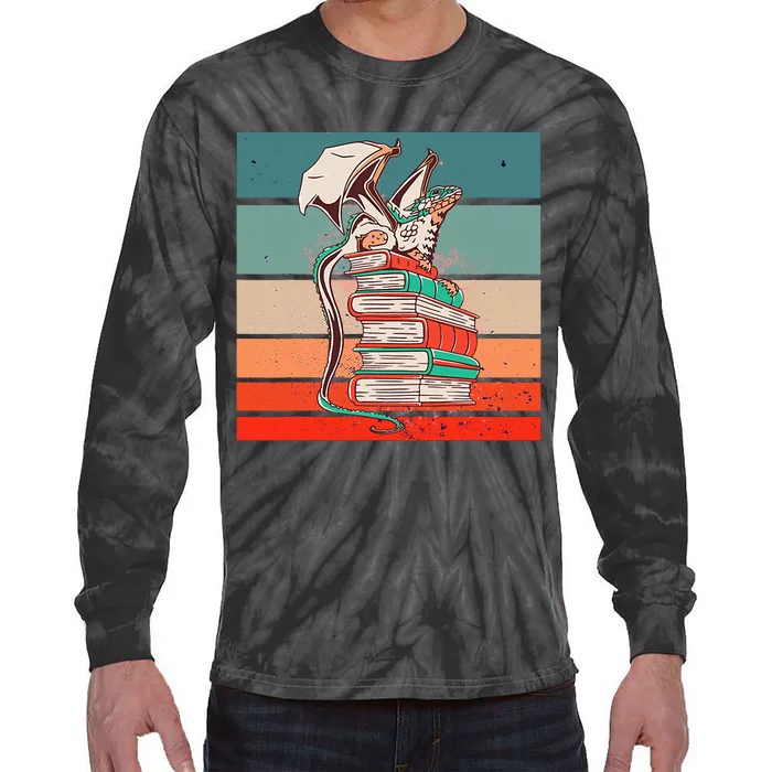 Dragon On Books Bookworm Dragon Book Mythical Creature Tie-Dye Long Sleeve Shirt