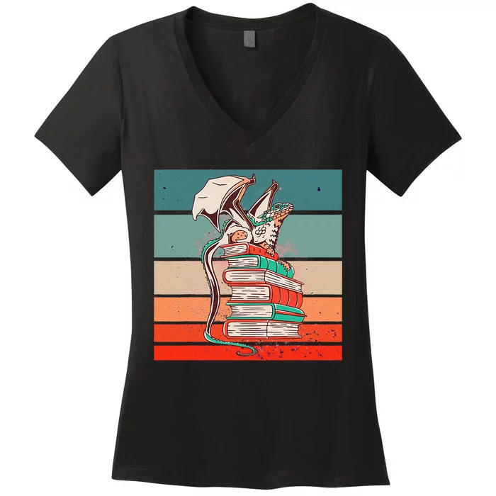 Dragon On Books Bookworm Dragon Book Mythical Creature Women's V-Neck T-Shirt