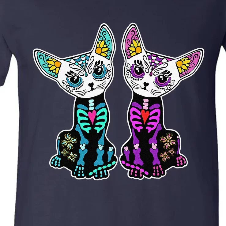 Day Of Dead Sugar Cats Skeleton Skull V-Neck T-Shirt