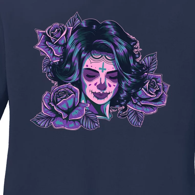 Day Of Dead Dia Los Muertos Sugar Skull Woman Ladies Long Sleeve Shirt