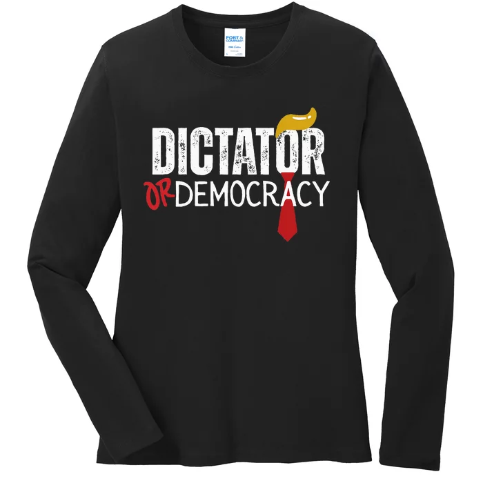 Dictator Or Democracy Funny Trump Hair Tie Ladies Long Sleeve Shirt