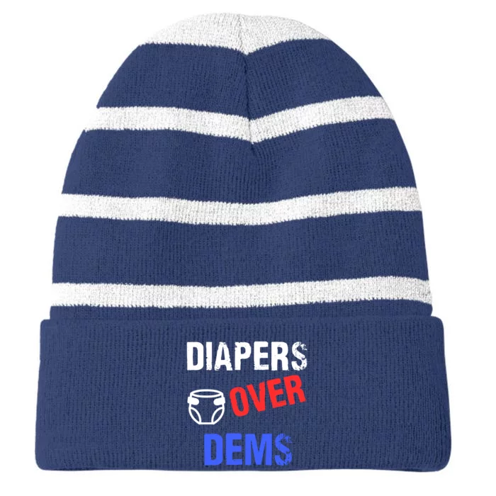 Diapers Over Dems Trump 2024 Funny Striped Beanie with Solid Band