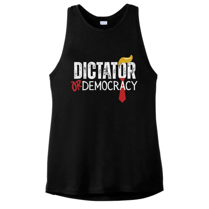 Dictator Or Democracy? Funny Trump Hair Tie Design Ladies Tri-Blend Wicking Tank