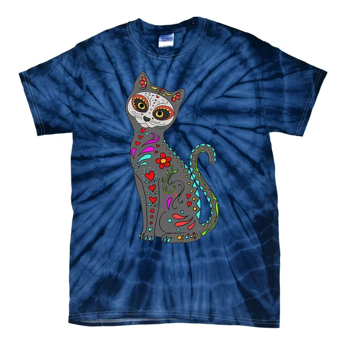 Day Of Dead Cat Mexican Cat Lover Cat Sugar Skull Tie-Dye T-Shirt