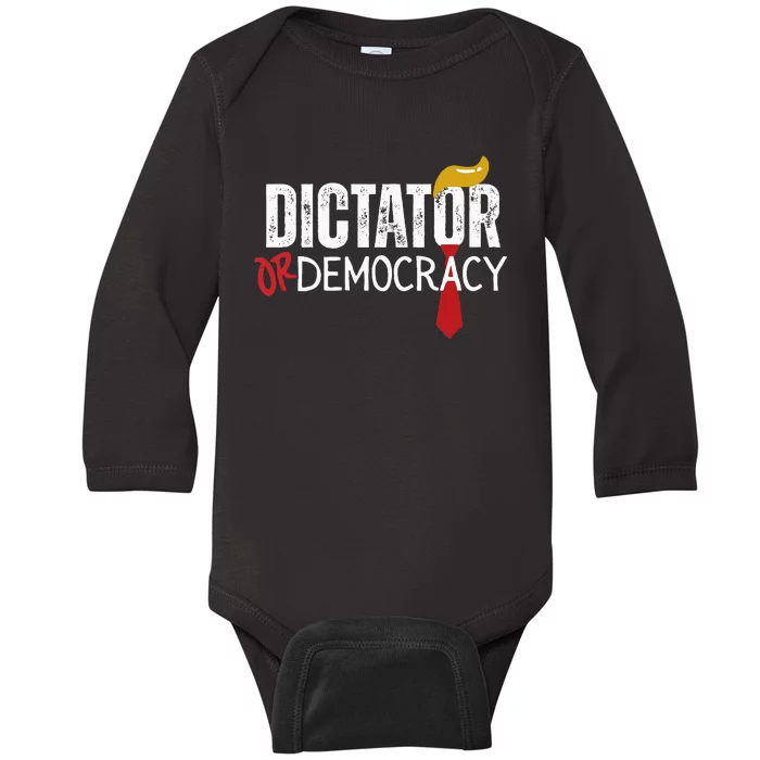 Dictator Or Democracy Funny Trump Hair Tie Baby Long Sleeve Bodysuit