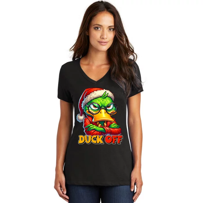 Duck Off Funny Sarcastic Grumpy Duck Christmas Women's V-Neck T-Shirt