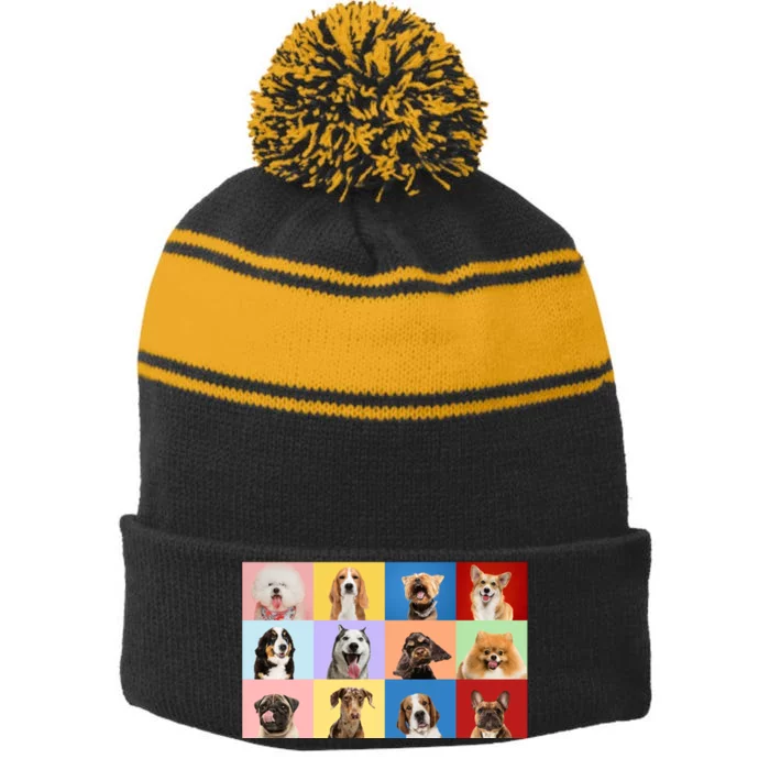 Dog Collage Stripe Pom Pom Beanie