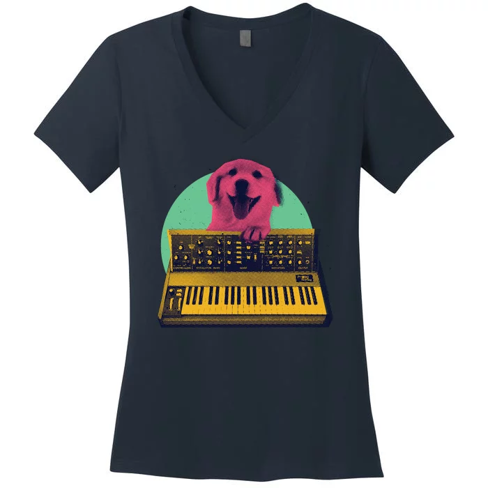 Dog Playing Piano Women's V-Neck T-Shirt