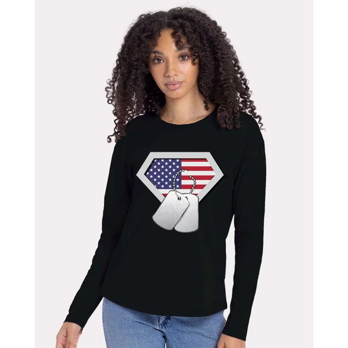 Dog Tag American Flag Superhero Emblem Womens Cotton Relaxed Long Sleeve T-Shirt