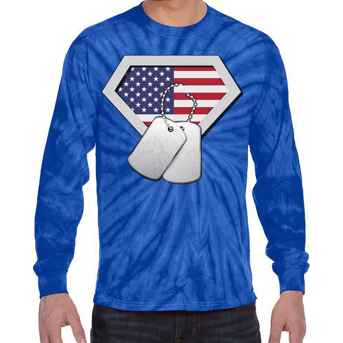 Dog Tag American Flag Superhero Emblem Tie-Dye Long Sleeve Shirt