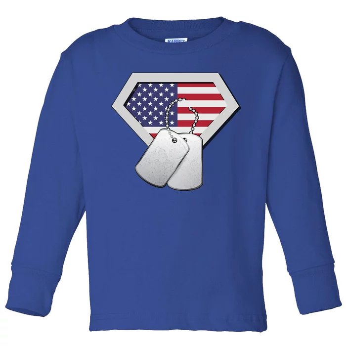 Dog Tag American Flag Superhero Emblem Toddler Long Sleeve Shirt