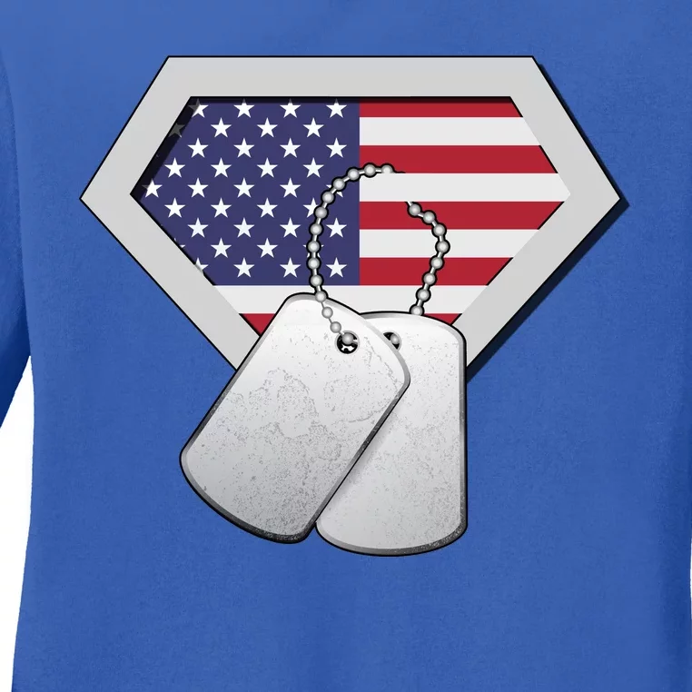 Dog Tag American Flag Superhero Emblem Ladies Long Sleeve Shirt