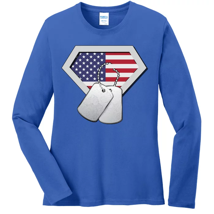 Dog Tag American Flag Superhero Emblem Ladies Long Sleeve Shirt