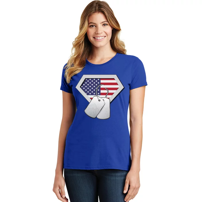 Dog Tag American Flag Superhero Emblem Women's T-Shirt