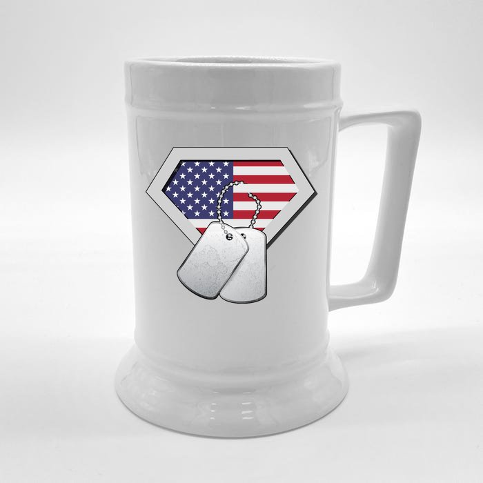 Dog Tag American Flag Superhero Emblem Front & Back Beer Stein