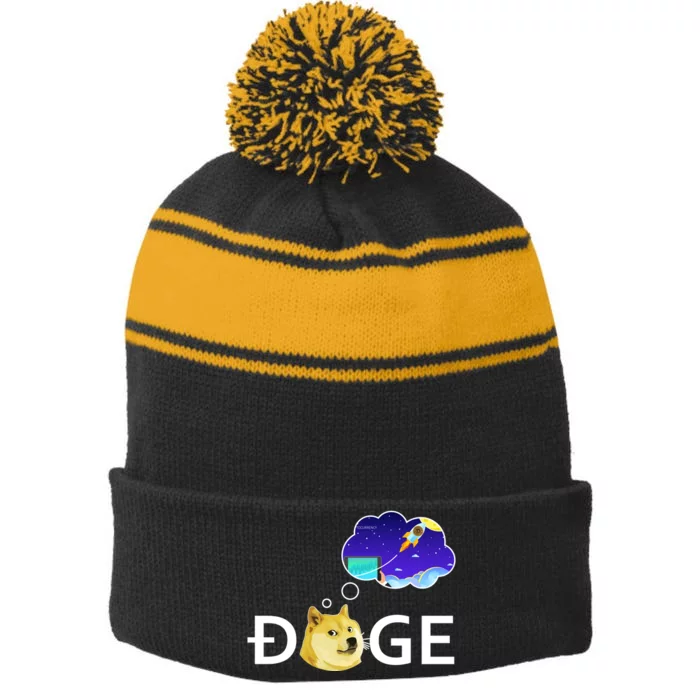 Doge To The Moon Crypto Currency Dogecoin Stripe Pom Pom Beanie